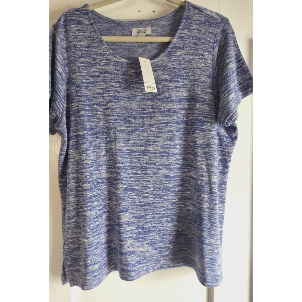 NWT Croft & Barrow women's‎ PL embellished knit short sleeve top blue/white